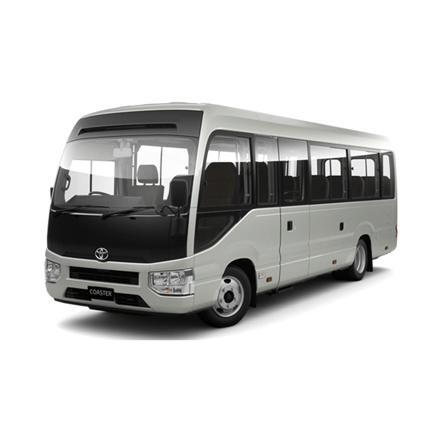 Toyota Coaster bus seating 18 passengers with large luggage capacity, ideal for group travel and events.