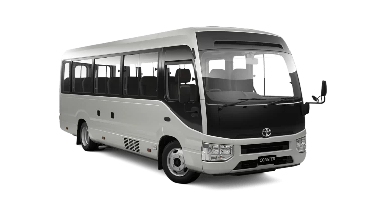 Coaster Minibus Exterior Alt Text: Toyota Coaster Minibus parked in Thailand, available for rental with a professional driver.