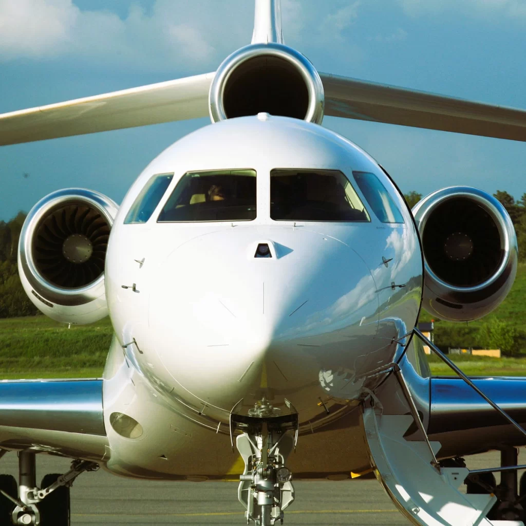 Close-up front view of the Dassault Falcon 7X with its distinctive triple-engine design