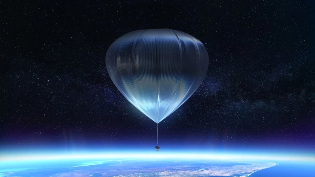 A high-altitude balloon with a sleek, futuristic design, floating above Earth’s stratosphere, showcasing the curvature of the planet against the backdrop of a starry night sky