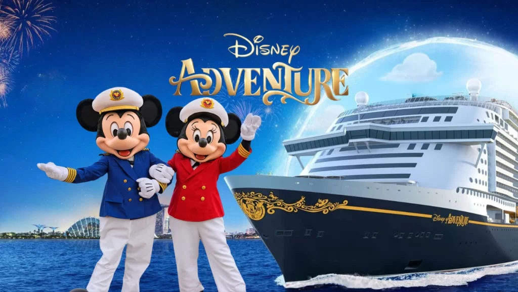 Mickey Mouse and Minnie Mouse dressed as captains standing in front of the Disney Adventure cruise ship with the logo and a starry night backdrop.