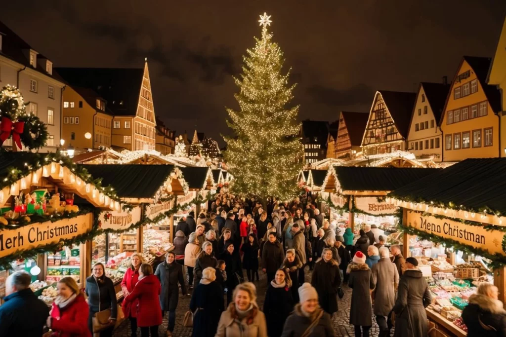 A lively Christmas market with decorated stalls, a large Christmas tree adorned with lights, and crowds enjoying the festive atmosphere