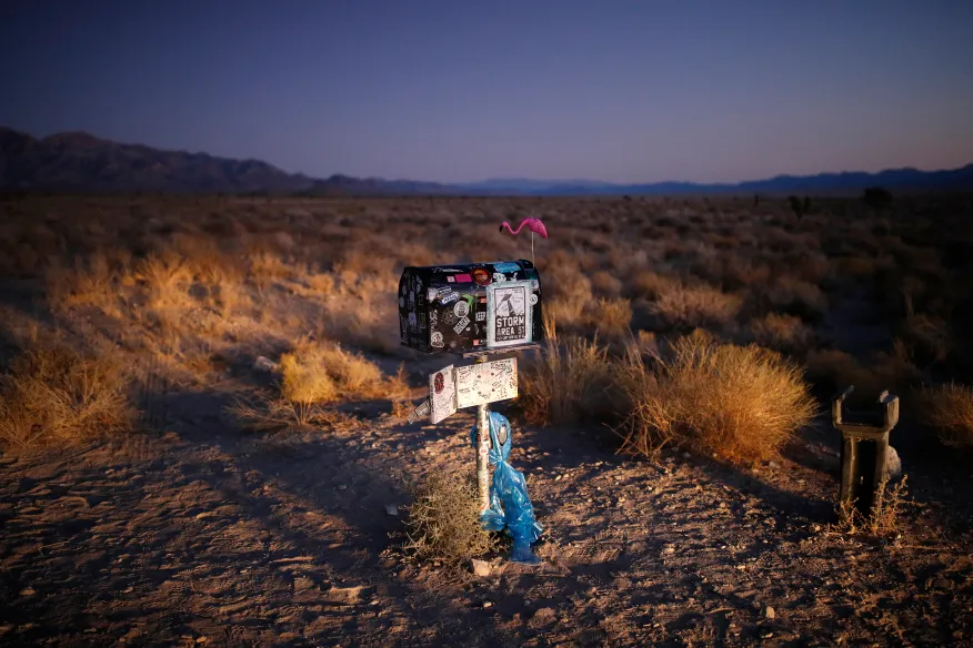 The Black Mailbox site near Area 51 in Nevada, a symbolic gathering spot for UFO enthusiasts in the desert.