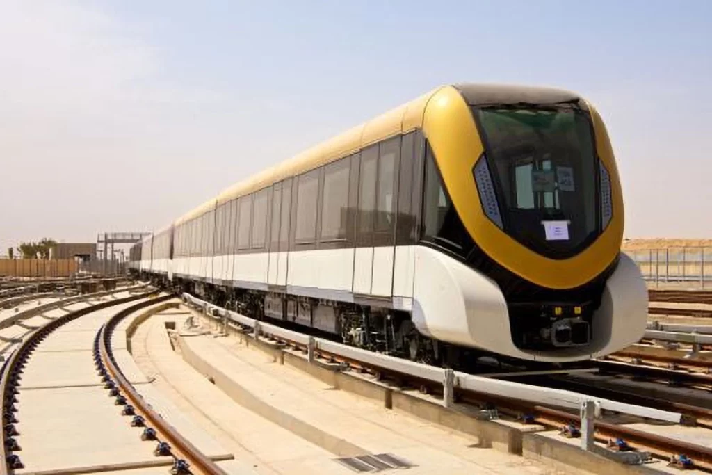 A modern Riyadh Metro train on its official opening day in Saudi Arabia