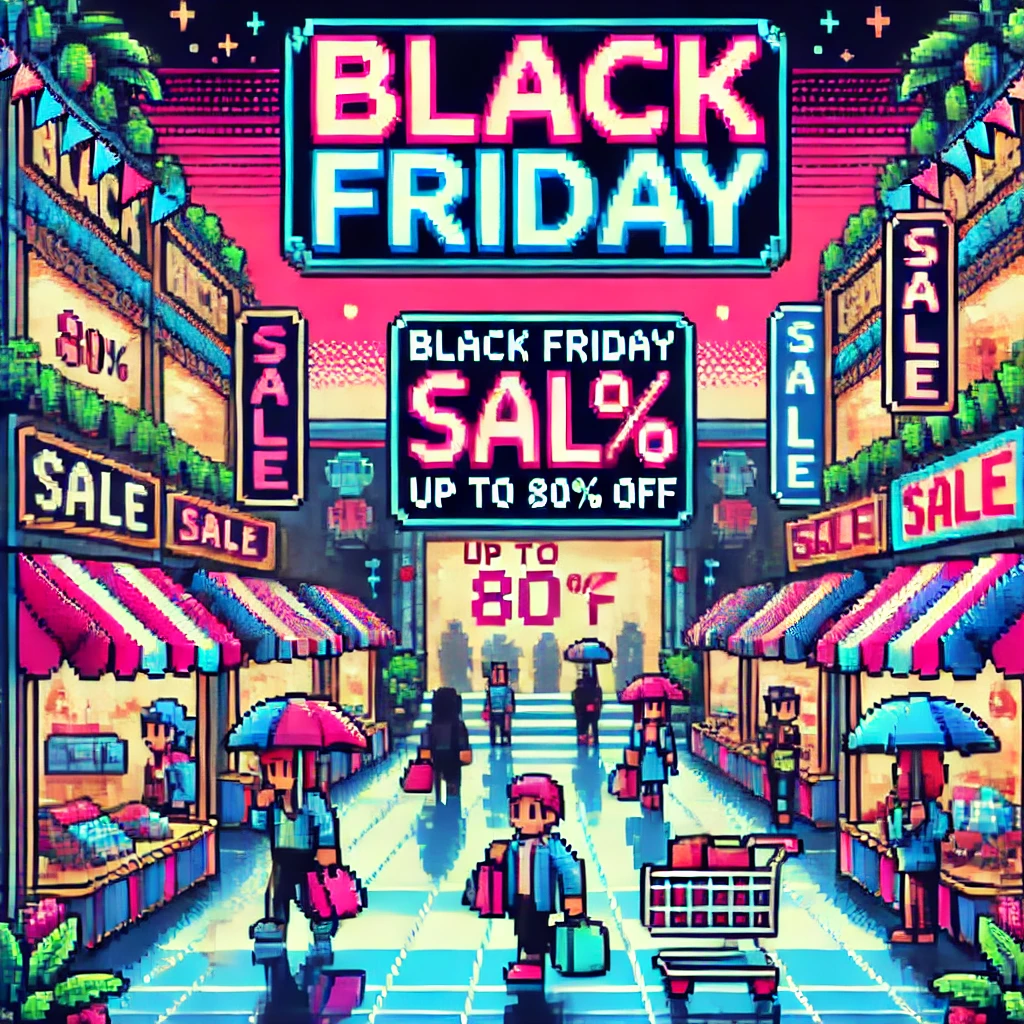 Black Friday 2024 illustration featuring vibrant sale signs, bustling shoppers, and festive decorations, showcasing the excitement of the biggest shopping day of the year.