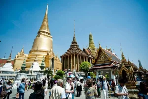 The Grand Palace and Wat Phra Kaew, iconic landmarks in Bangkok featuring stunning Thai architecture and the sacred Emerald Buddha statue.