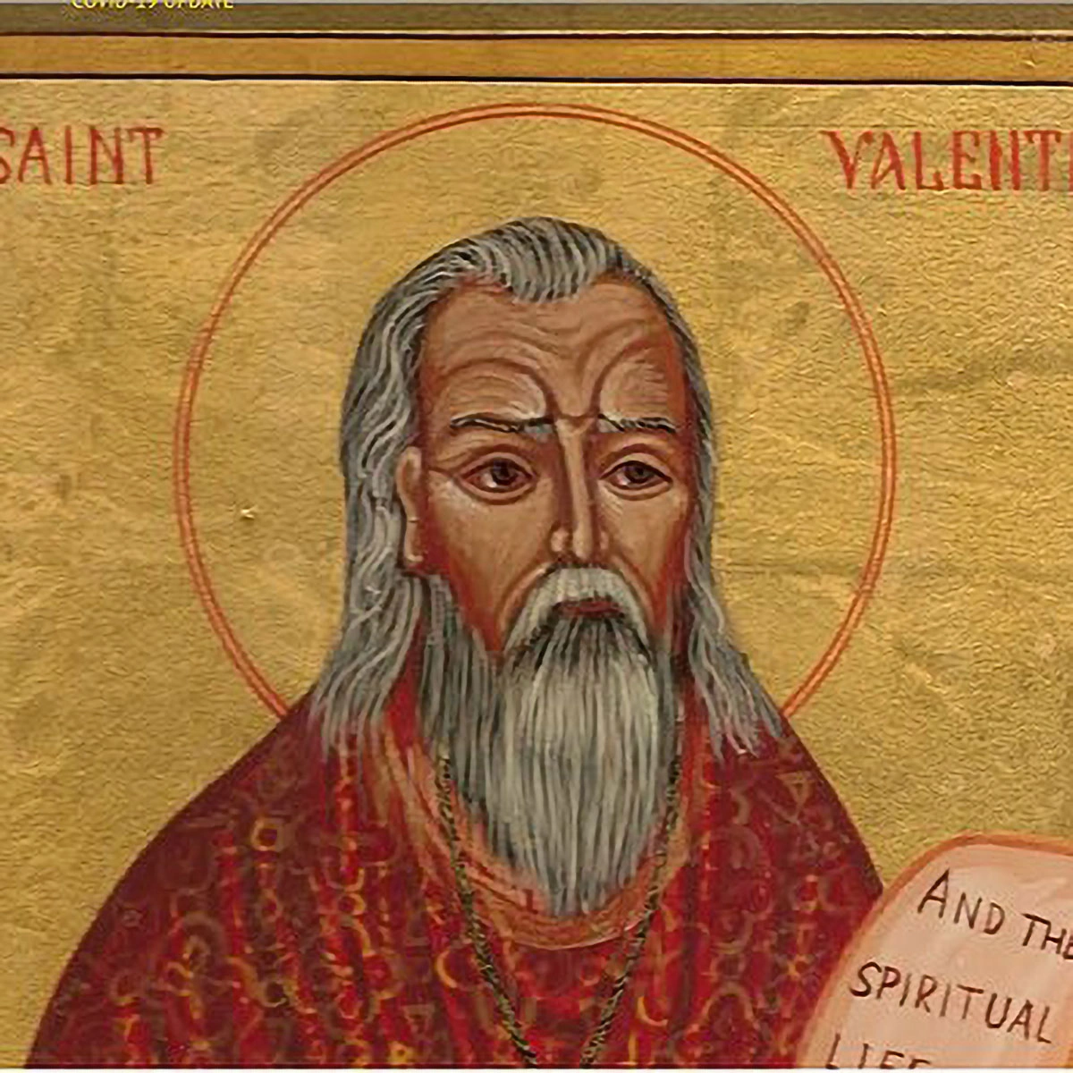 Iconographic painting of Saint Valentine with a golden background, halo, and red robe, holding a scroll with spiritual text.