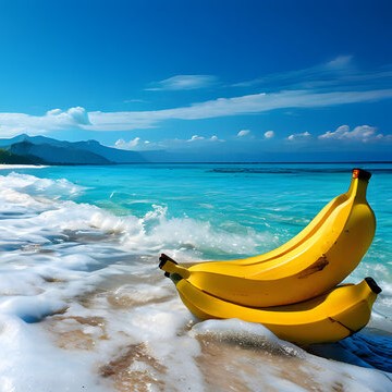 A bunch of bananas resting on a tropical beach with clear blue water and foamy waves