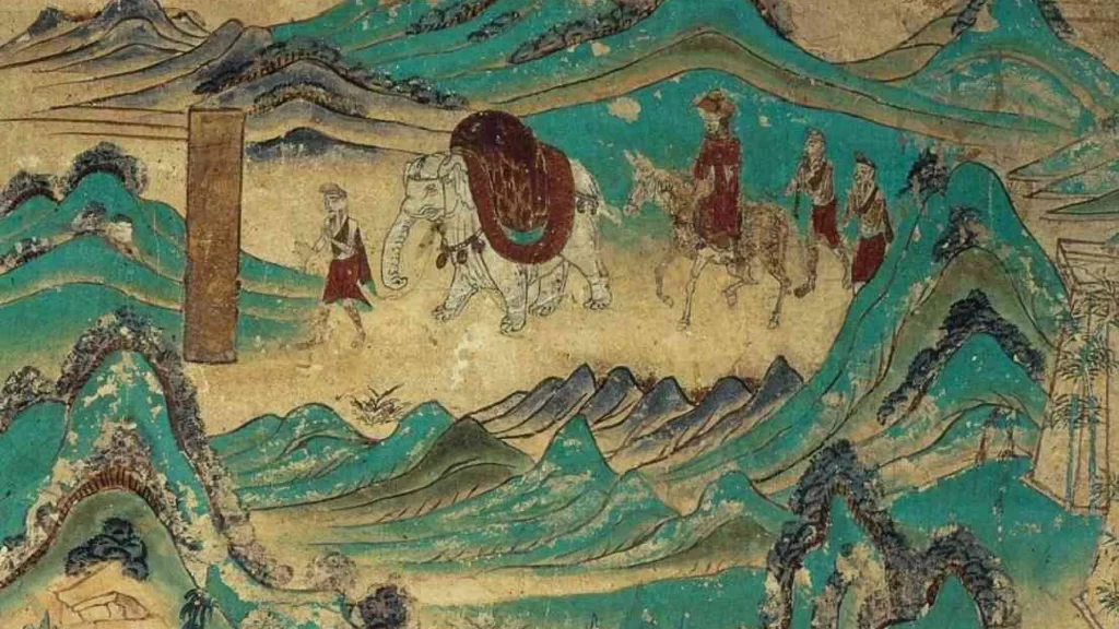 An ancient mural depicting Xuanzang’s journey along the Silk Road, featuring monks, an elephant, and mountainous landscapes