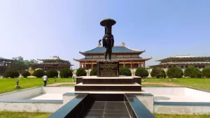 A statue of Xuanzang at the Xuanzang Memorial Hall in Nalanda, honoring his contributions to Buddhism