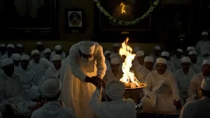 A Zoroastrian ritual where priests tend the sacred fire in a Sogdian fire temple, symbolizing faith and purity