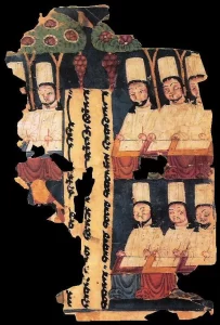 Ancient Manichaean painting depicting priests in white robes and tall hats, engaged in a religious ceremony, likely from Sogdiana (7th-8th century)