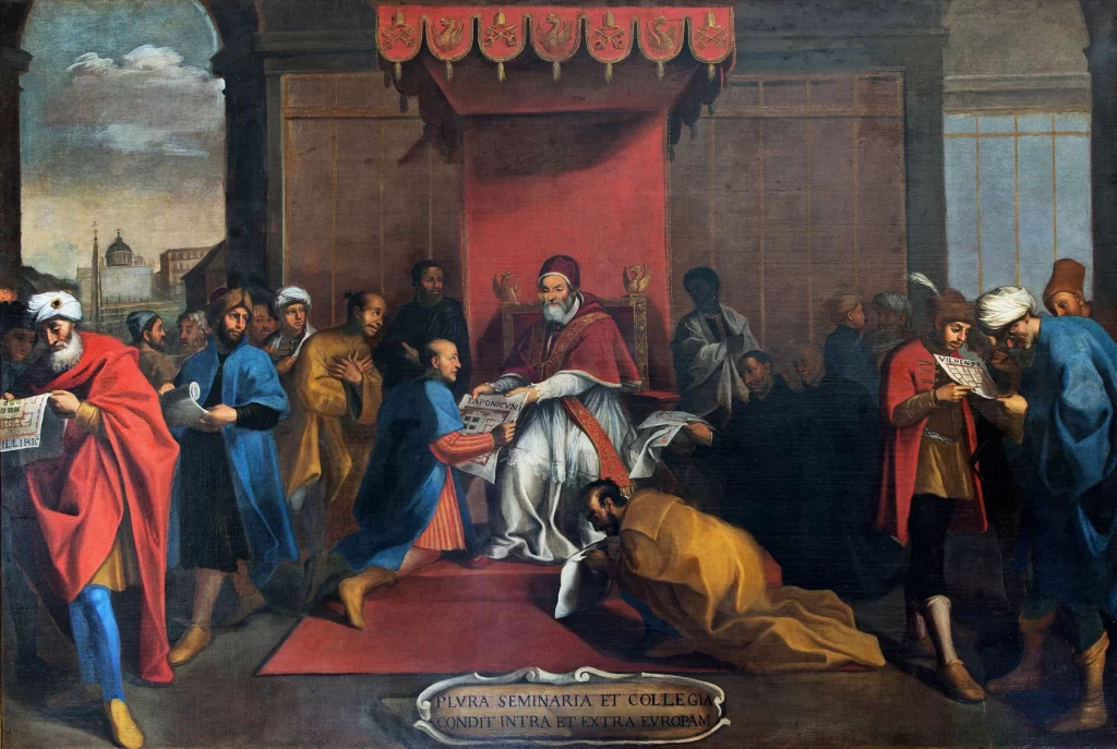 A historical painting depicting a Pope seated on a throne, distributing documents to various figures from different cultures